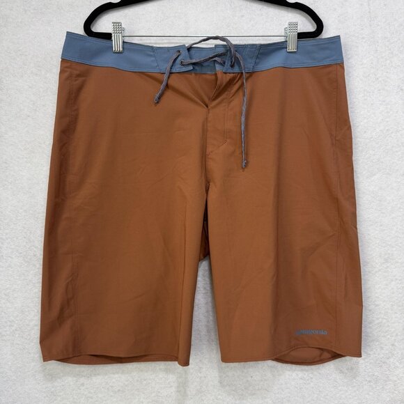 Patagonia Hydro Series Boardshorts Mens 35 Brown Blue Swim Trunks Recycled Eco - Picture 1 of 15